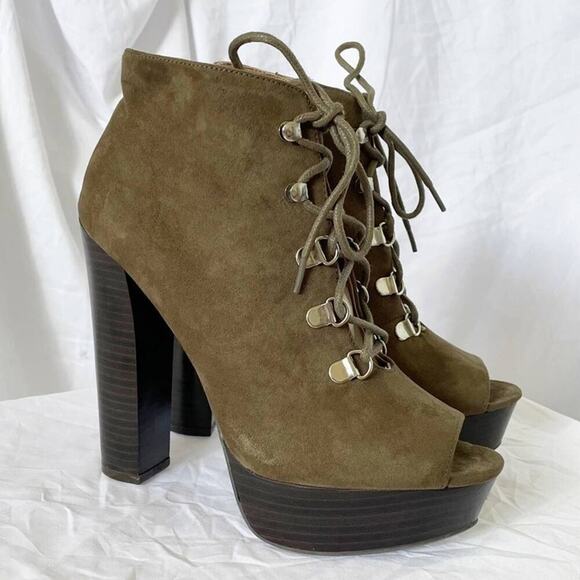 Qupid Enclose Suede Peep Toe Chunky Heel Platform Zip Lace Up Bootie Size 7 - Picture 13 of 14